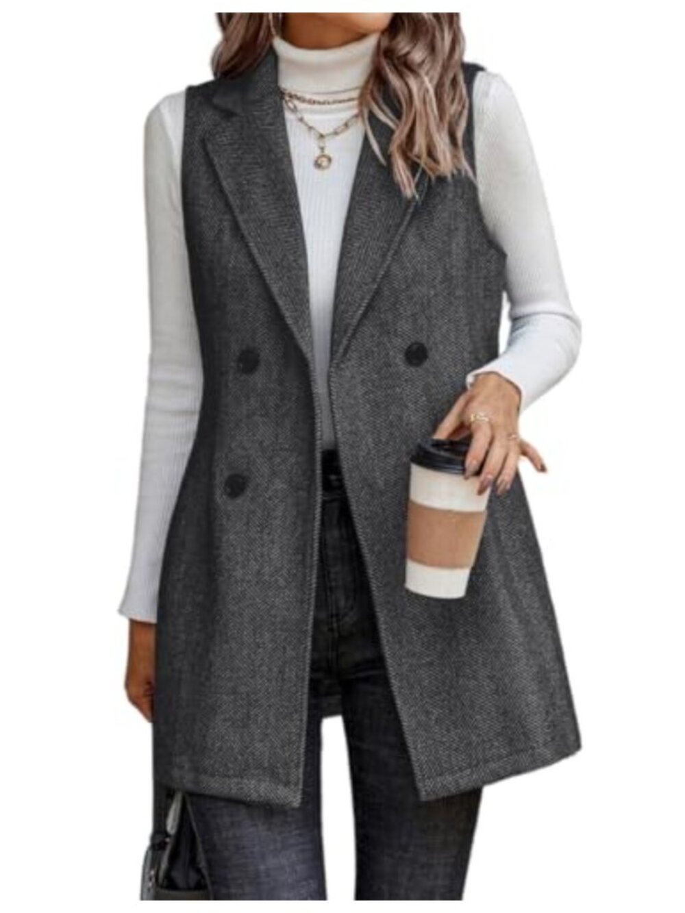 Wool Blend Long Sleeveless Vest Double Breasted Notched Lapel Winter Coat